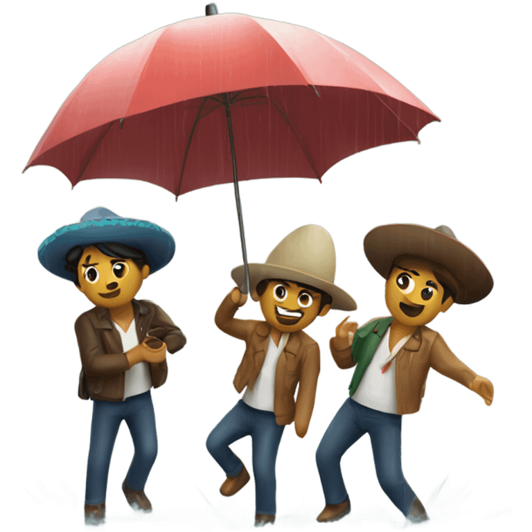 4 mexican friends with umbrella playing with a ship in the rain emoji