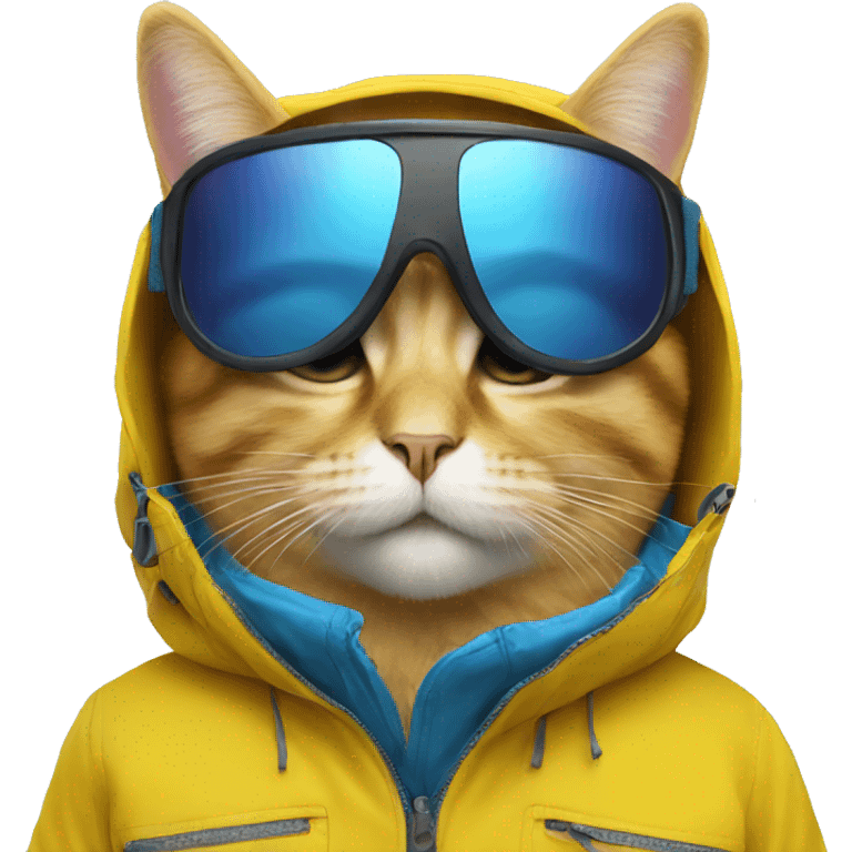 yellow snowboarding cat with blue jacket and ski glasses emoji