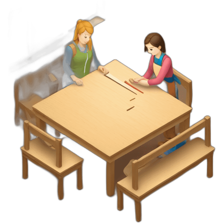 isometric square transparent solid outline border containing woodworking teacher with student teaching in creative workshop on long table emoji