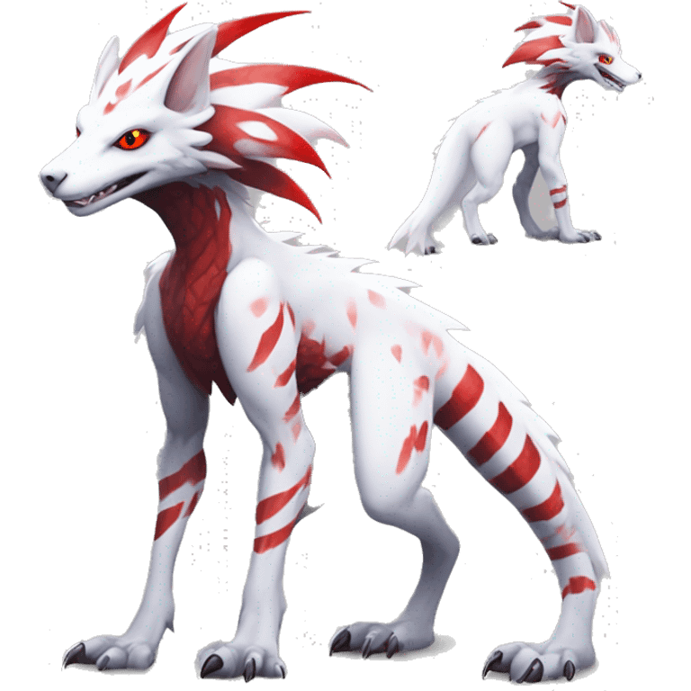 White edgy cute badass epic anthro modern albino sergal-vernid-Fakémon with red mane and red eyes with red edgy stripe patterns, full body emoji