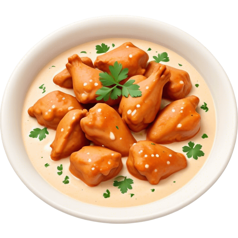 Butter Chicken Cinematic Realistic Butter Chicken Dish Emoji, depicted as tender chicken pieces sliced up and bathed in a creamy white sauce garnished with fresh cilantro, rendered with rich textures and vibrant, appetizing lighting. emoji