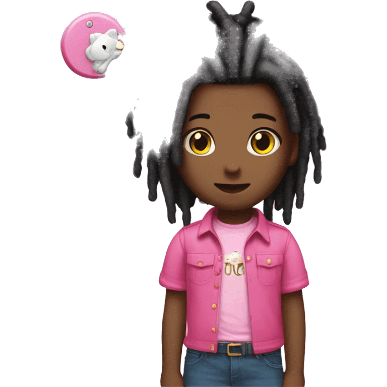 Black, dreads with pink shirt and pink accessories with hello kitty emoji