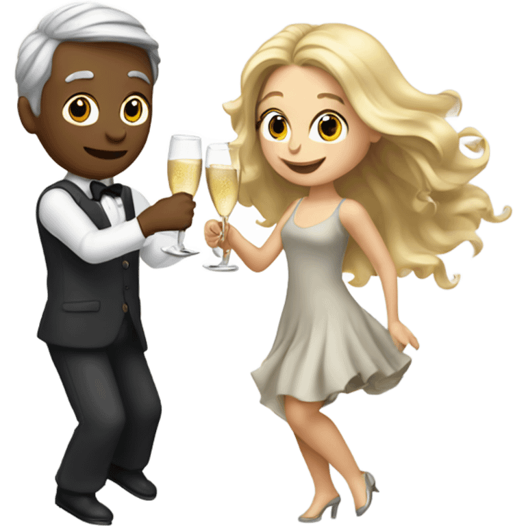 a boy with gray hair and a girl with long blond wavy hair dancing with a glass of champagne emoji