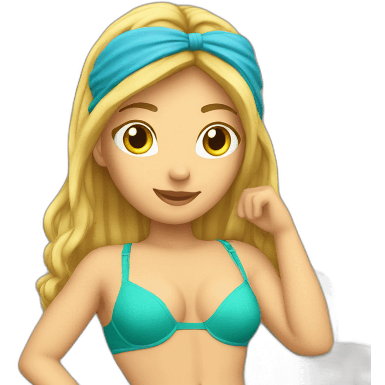 Soft-fit Caucasian woman bikini abs (hands-in-hair pose) (full body) couch emoji