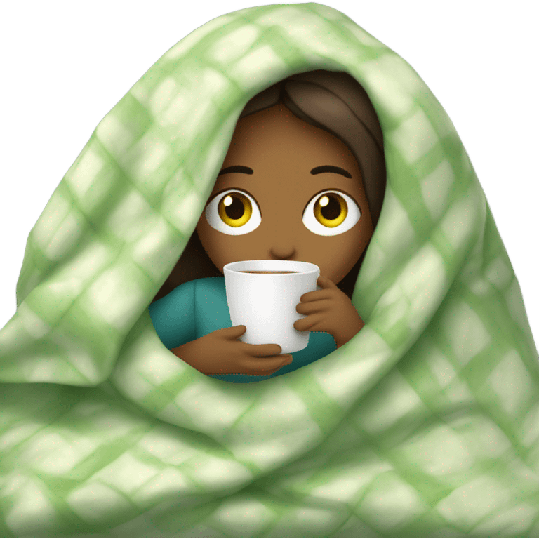 girl inside a blanket sipping coffee, cucumber slices on eyes emoji