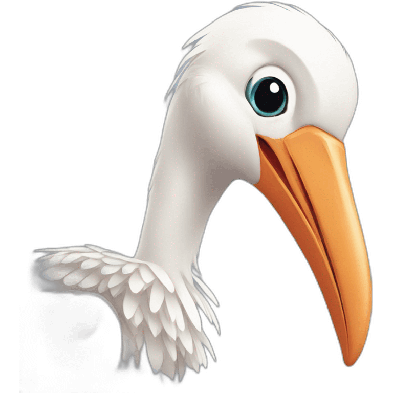  white stork with a long beak. The stork is carrying a bundle of cloth in its beak that has a cute baby human and his face peeking out from it emoji