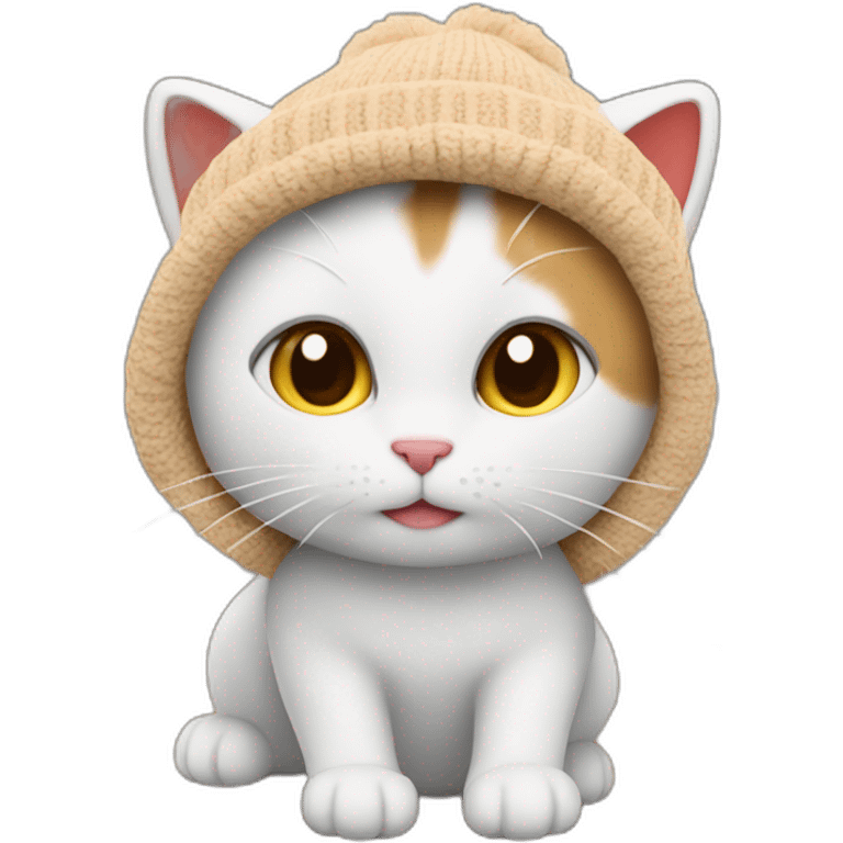 The cat in the beanie hat is red, the hat is on one side of the cat's head, the second ear is open and it is light brown, and the cat itself is white emoji