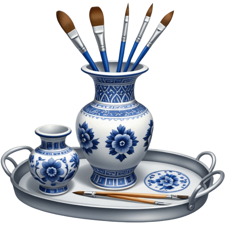 Metal painting icon, a metal vase with intricate designs in Gzhel and Chinese embroidery styles, placed on a metal tray, 3 paintbrushes beside it, minimalistic style, clean lines, transparent background. emoji