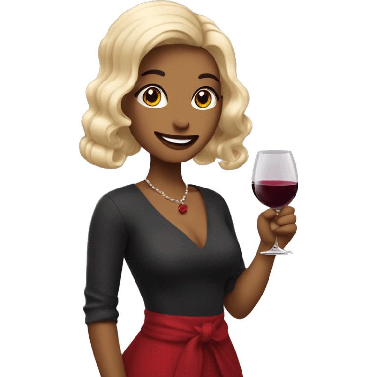 a smiile emoji , wear hair extension, wine glass in her hand, wear red lipstick emoji