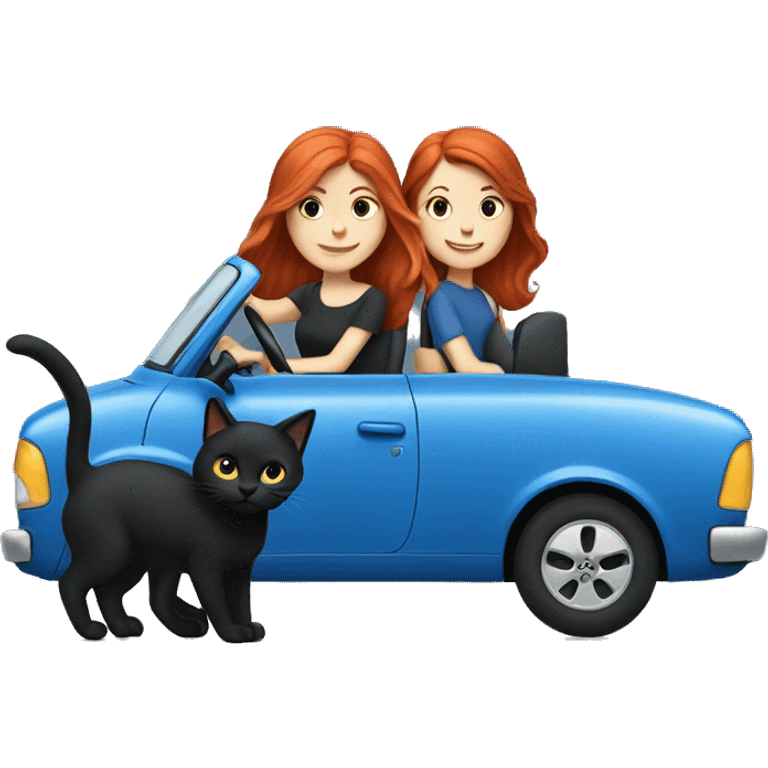 Redhead girl driving blue and two black cats  emoji