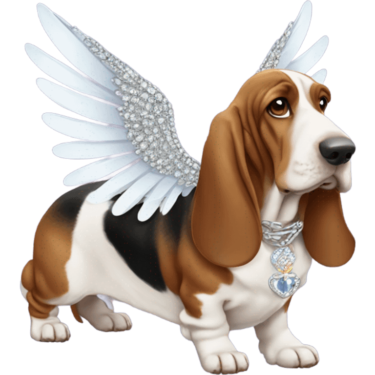 Elderly Basset hound with angel wings, wearing a large letter D bling necklace sat amongst flowers  emoji