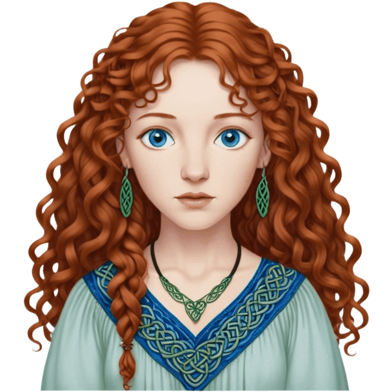 a detailed portrait of loreena mckennitt, focusing on her upper half. she has long, curly auburn hair, fair skin, and piercing blue eyes. wearing a flowing blouse with Celtic-inspired embroidery, highlights her serene and contemplative expression emoji