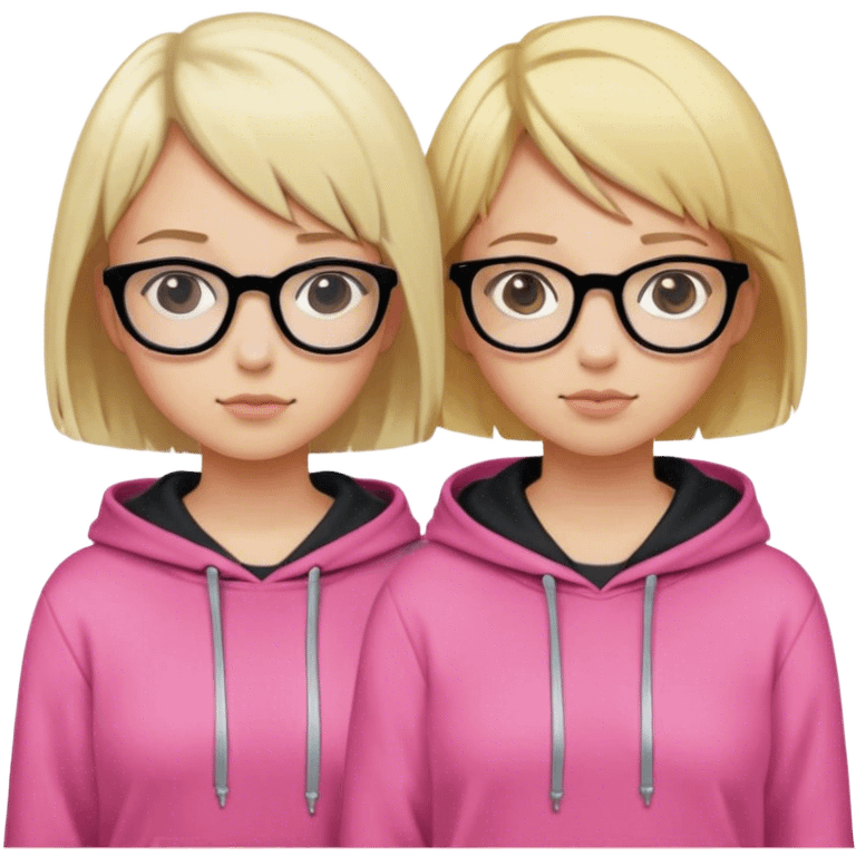 Two girl, one with middle hair, the other with Short hair, Both with blond hair, Both with Glasses, Girl with middle hair has a pink hoodie, the Girl with Short hair has a black hoodie on  emoji