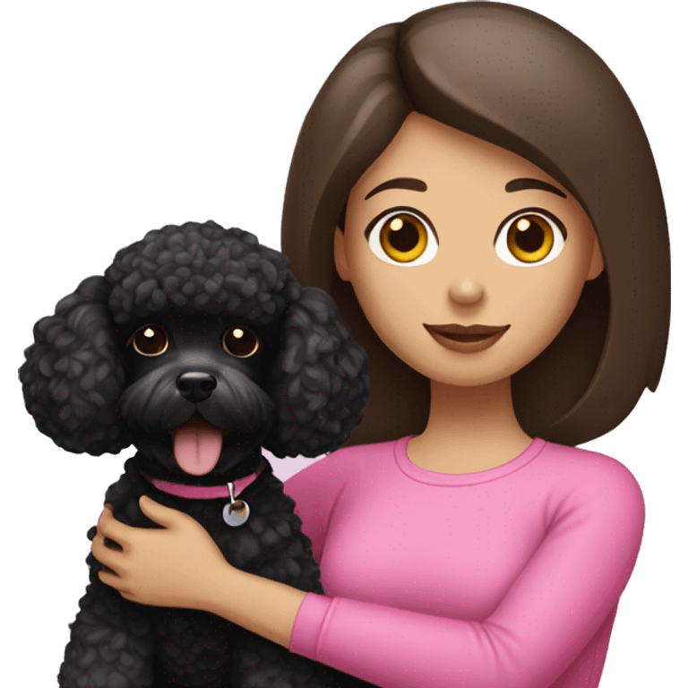 Brunette straight hair girl , in pink top holding a black toy poodle emoji