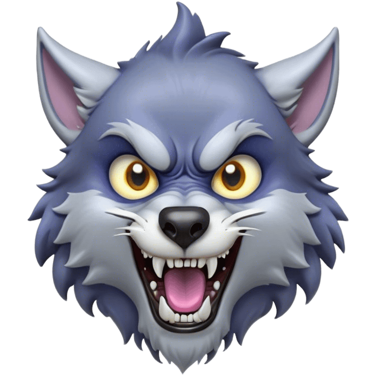 Cinematic Comical Werewolf Portrait Emoji, with a whimsically exaggerated lupine face in vivid moonlit grays and silvers, head cocked in a dramatically shocked expression with comically oversized, wide eyes and a playful snarl, simplified yet hilariously expressive, highly detailed with a soft cartoonish glowing outline capturing the mischievous humor of a werewolf mid-transformation! emoji