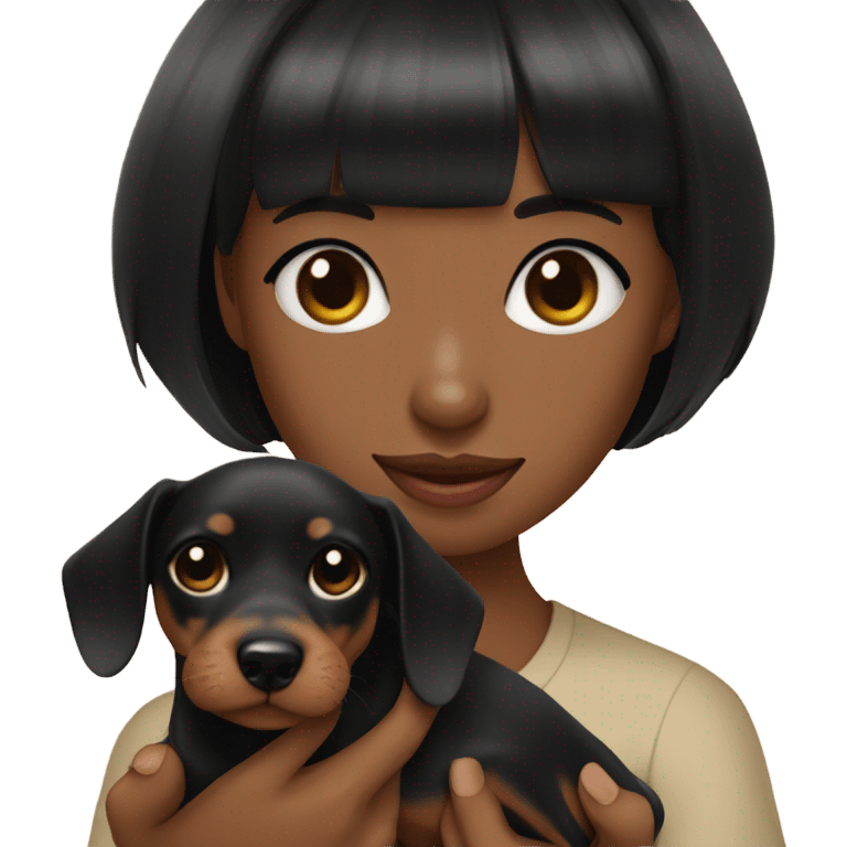 black neat bangs chinese girl holding a black and tan dachshund  emoji