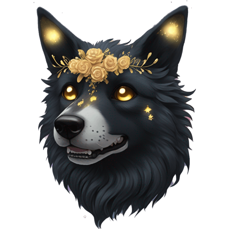 Black iridescent fluffy dog fox head zombie skeleton gold mechanical nebula galaxy stars flowers fairy lights vintage emoji