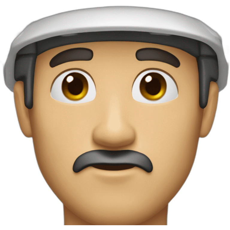 Man, thin face, dark brown beard, 10cm long, up to the nose, protruding ears, green eyes, beginning of unibrow, wearing black and red cap. emoji