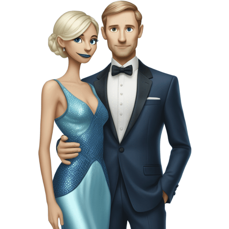 alien reptilian woman, in long slim pastel blue formal party satin dress with gradient shiny sparkling navy blue diamonds embroidered , and caucasian man in black dress emoji