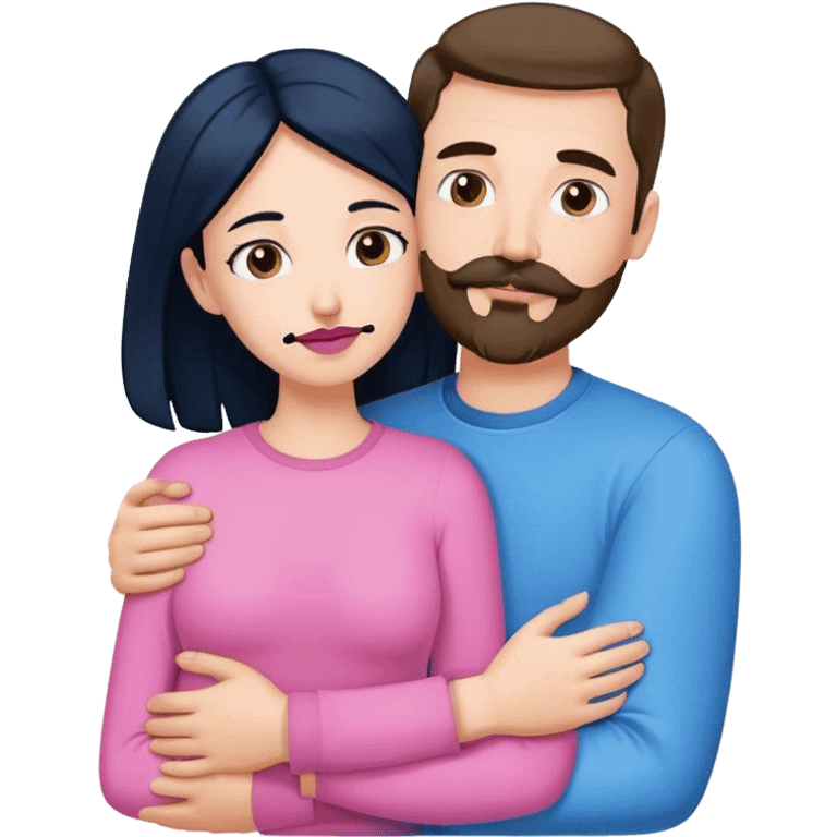 Tall white man with brown mustache goatee wearing blue AND a short pale woman with long black hair wearing pink, hugging emoji