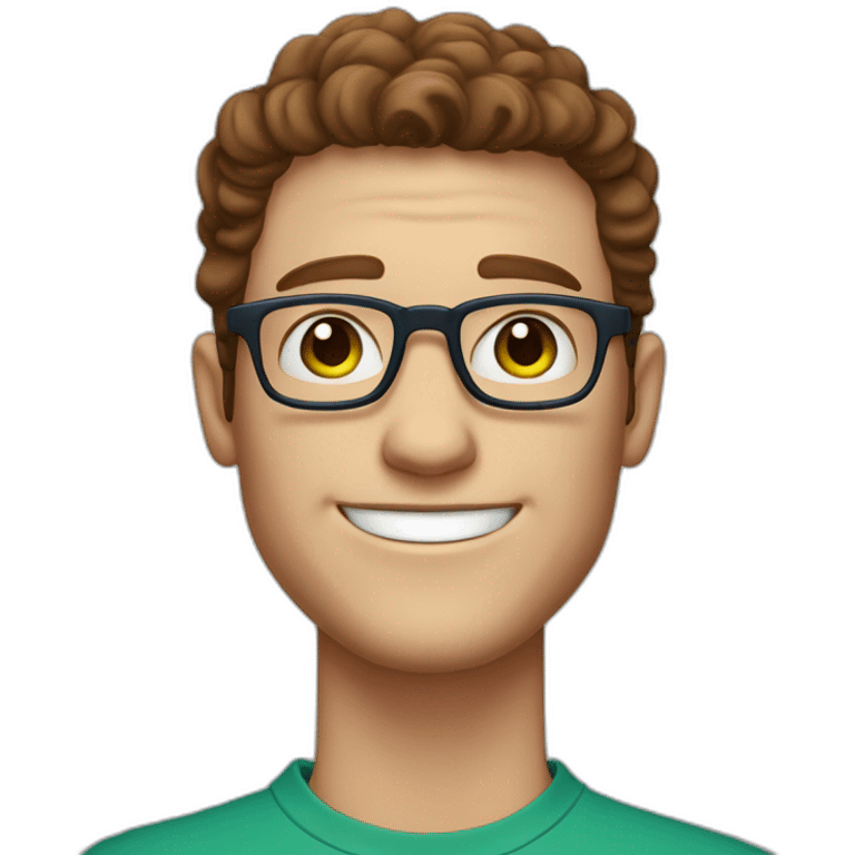 White man with freckles and rectangular glasses, short dark chestnut hair on the sides and long curls on top. Green/Blue eyes. And a big cheerful smile emoji