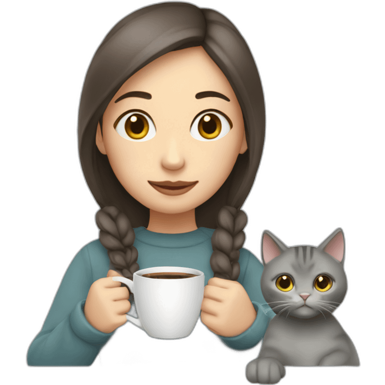 Girl with two Grey cats and a cup of coffee emoji