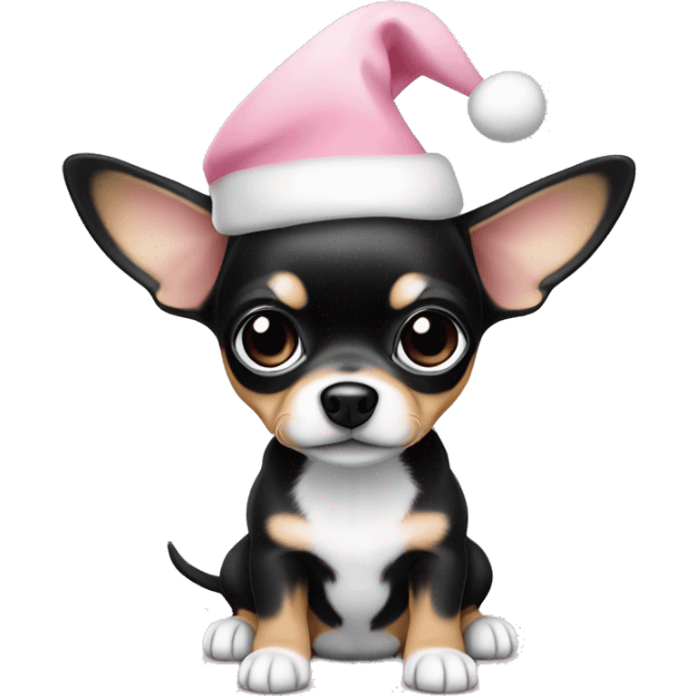 black & tan chihuahua puppy full body light blue eyes pink christmas hat on emoji