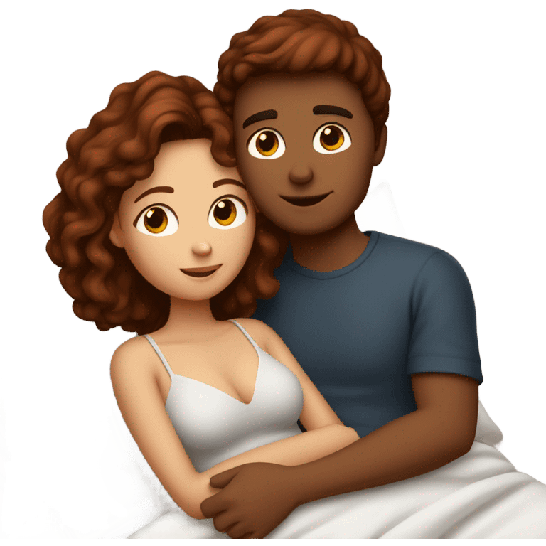 Burgundy haired girl and brunette boyfriend cuddling in bed emoji