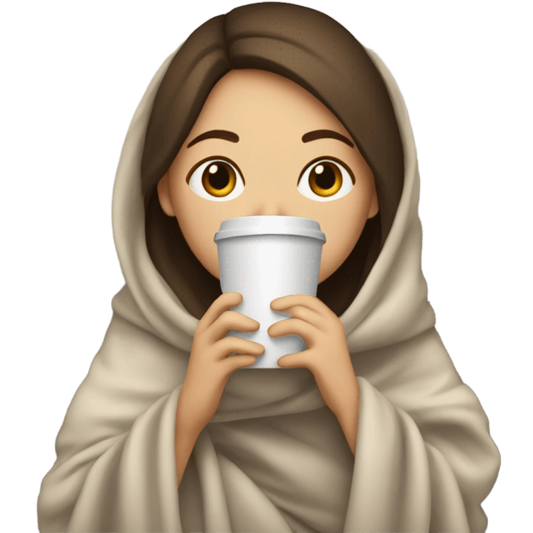 girl inside a blanket sipping coffee eyes closed, brunette with fair skin emoji