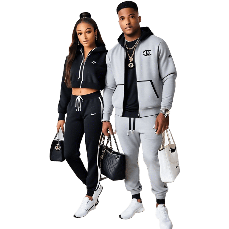 Man living his dream standing in the master bedroom of a mansion. He’s boo’d up with a pretty Brownskin big booty woman wearing a Chanel outfit with her holding a Chanel bag. The man has on a Nike Tech Fleece sweatsuit. The man isn’t holding a bag emoji