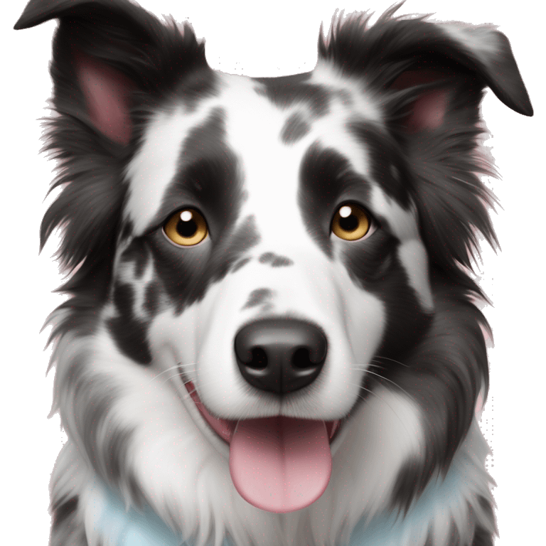 Brindle border collie with black white and gray color pattern face is all white with blue eyes spots around eyes and spots on pink nose emoji