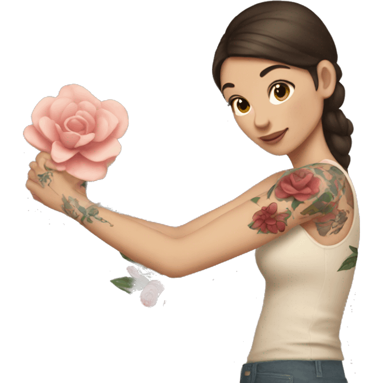 A brunette white girl with flower tattoos on her arms  emoji