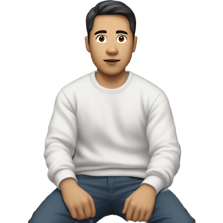 asian man in white sweatshirt lying in front of car emoji