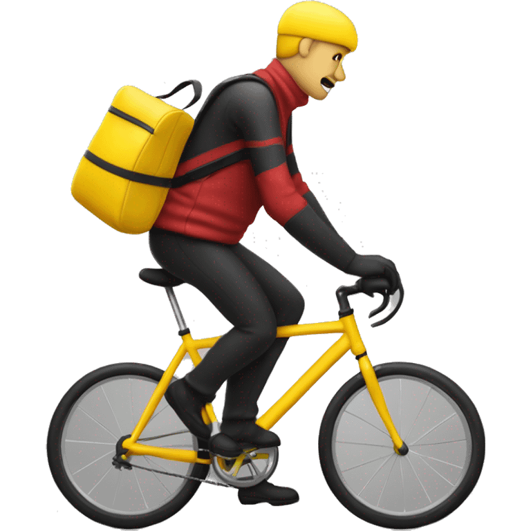 Homme en tenue jaune sur un vélo noir vélo avec un sac rouge carré emoji