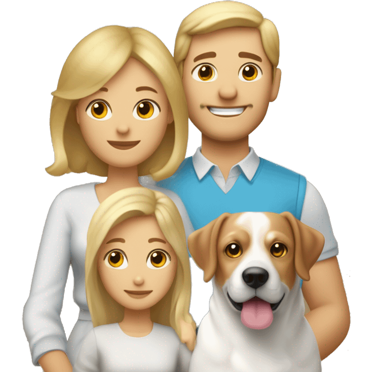 Une famille avec un homme blanc aux cheveux brun une femme blanche au cheveux blonds un petit garçon blanc au cheveux blond et un beagle emoji