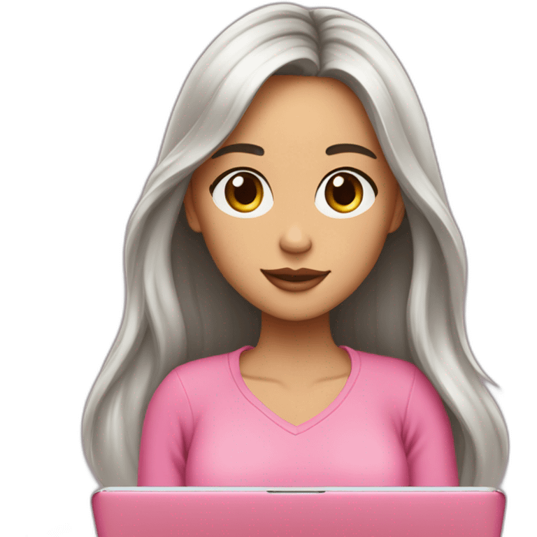 smm girl brunet with long hear and brown eyes with pink mac book emoji