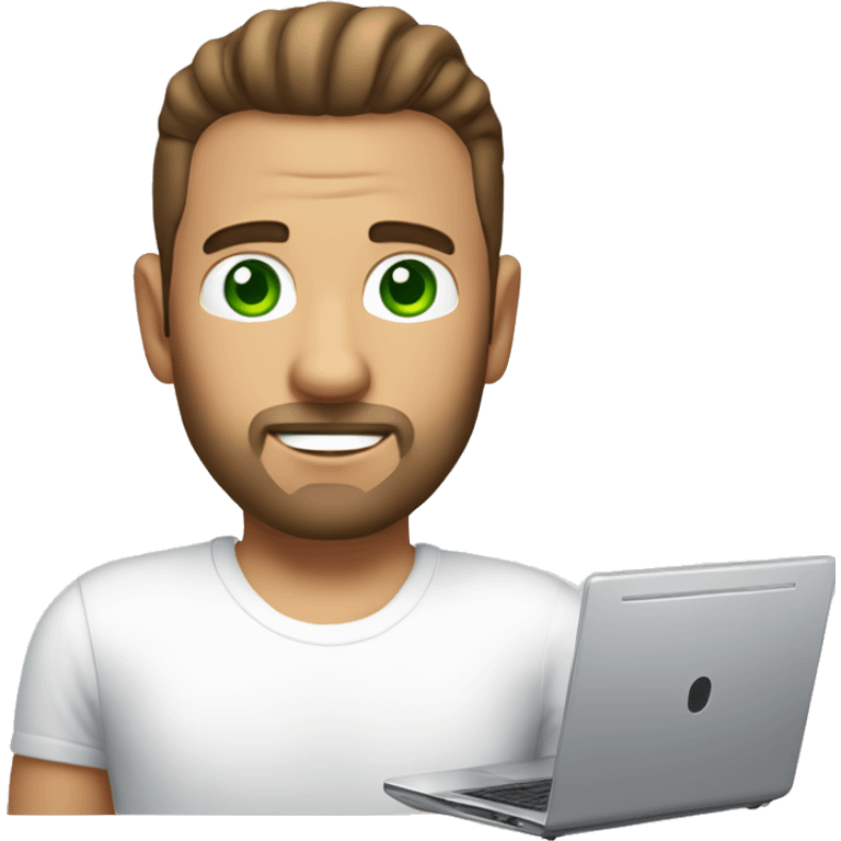 A man with a silver laptop, slick back and a white t-shirt (without beard and moustache, brown hair and green eyes) emoji