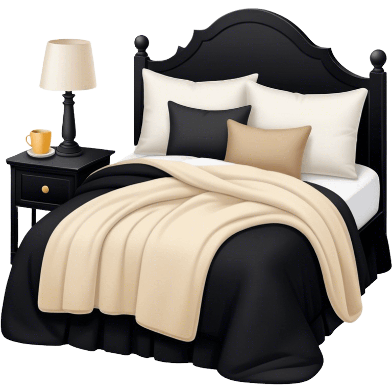 Black bed with pillows and blankets, cozy vibe white and beige emoji