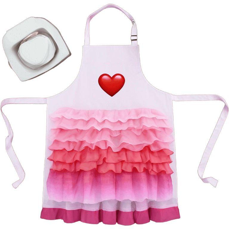 Pink ombre apron with multiple red hearts, ruffles, & glitter emoji