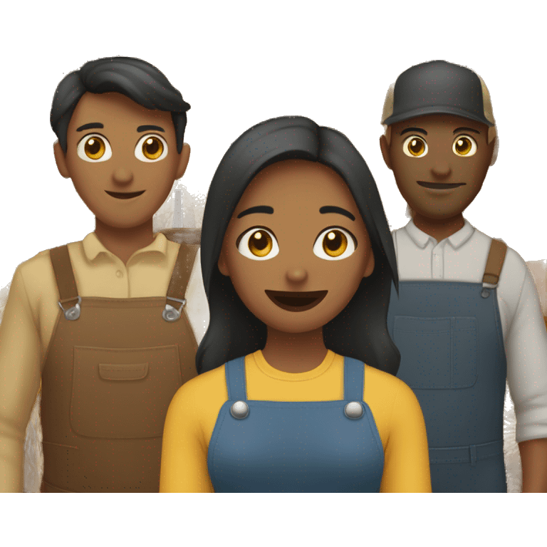 barn with two farmers, one male and one female and some customers of various ethnic backgrounds emoji