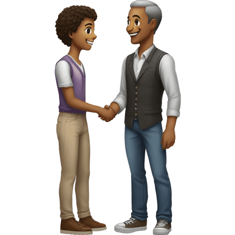 an old restaurant owner and young blogger in youth clothes, shaking hands, both with light skin, in great detail, in full height emoji