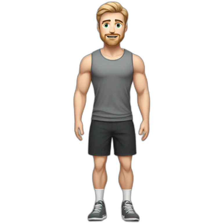 Full height Pale skinned fit man With biceps, Realistic eyes and mouth, light brown hair and stubble In dark gray sleeveless mike, black oversize sports shorts, watch and white sneakers. emoji