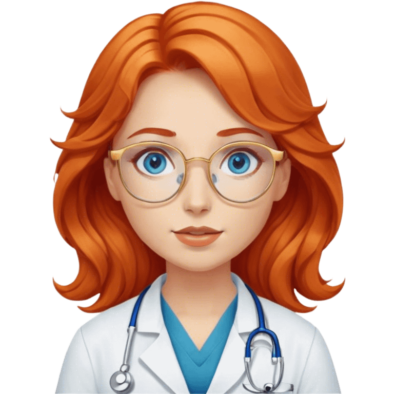 Girl doctor wavy orange red hair blue eyes in gold glasses  emoji