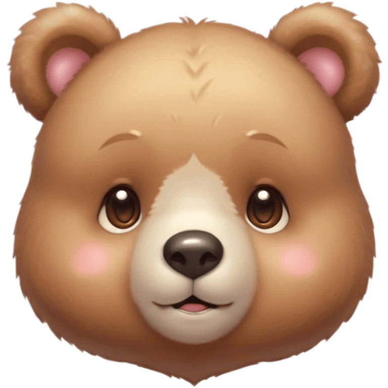 Cinematic cute soft bear, chubby round face, tiny ears, warm fuzzy fur, blushing cheeks, sparkling kind eyes, soft glowing background, heartwarming and huggable. emoji