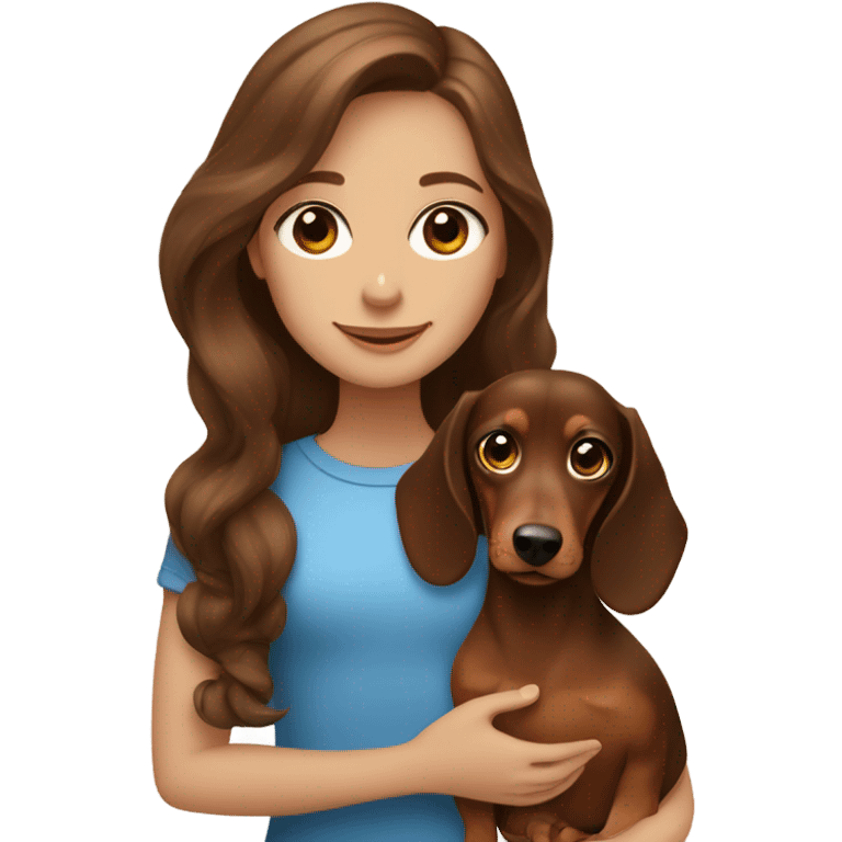 A girl with long wavy brown hair and blue eyes holds a small brown dachshund  emoji