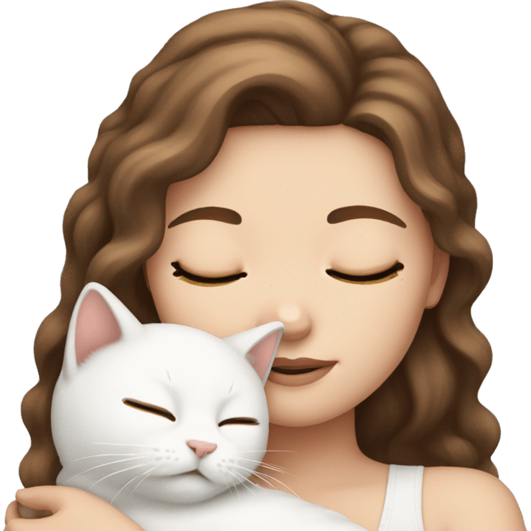 White girl brown hair sleeping with white kitty emoji