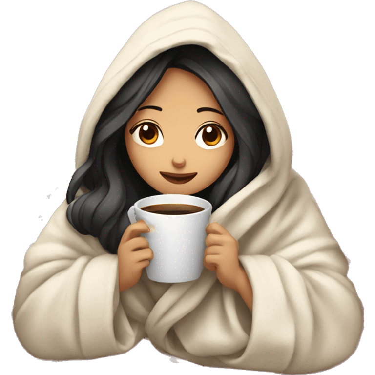 Asian girl wrapped in cozy blanket drinking coffee emoji