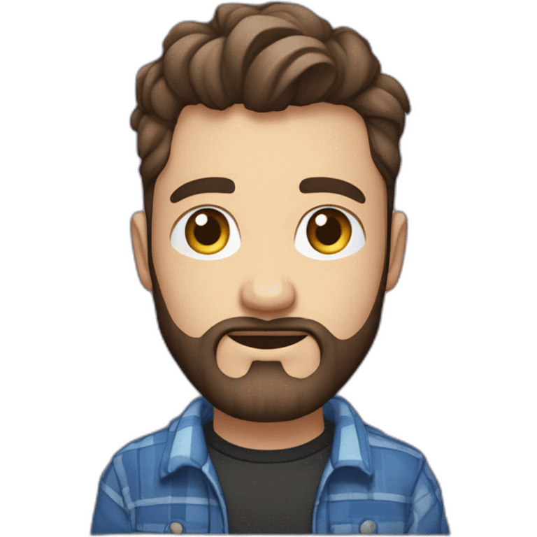 Un homme jeune, à la peau blanche, avec des cheveux bruns courts et une barbe légère, portant une chemise à carreaux bleus et noirs sur un t-shirt blanc, sur un fond dégradé violet. emoji