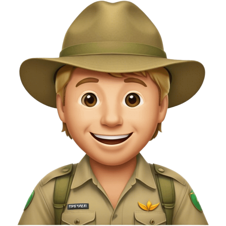 Cinematic Realistic Steve Irwin Portrait Emoji, depicted as a passionate wildlife expert in his signature khaki attire with an enthusiastic smile and a backdrop of the Australian outback, rendered with vibrant textures and dynamic natural lighting that captures his adventurous spirit. emoji