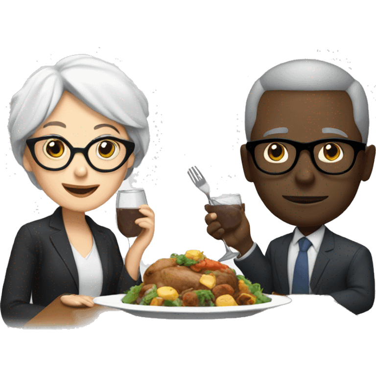 Gray hair white woman with glasses eating dinner with black man with gray short hair with glasses  emoji